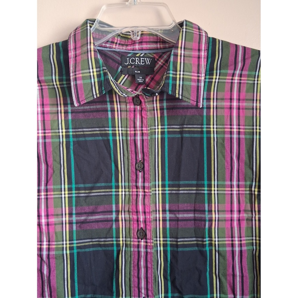 J. Crew Slim Fit Plaid Button Down Shirt Pink Green Navy Multi Color Size 20 - Picture 2 of 4